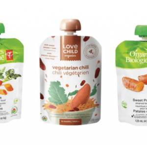 Main image for the article [A dietitian-mom's real opinion on puree food pouches]. Pictured is three baby food pouches. 