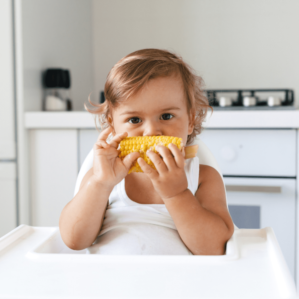 toddler sit upright and eat solid food in a high chair