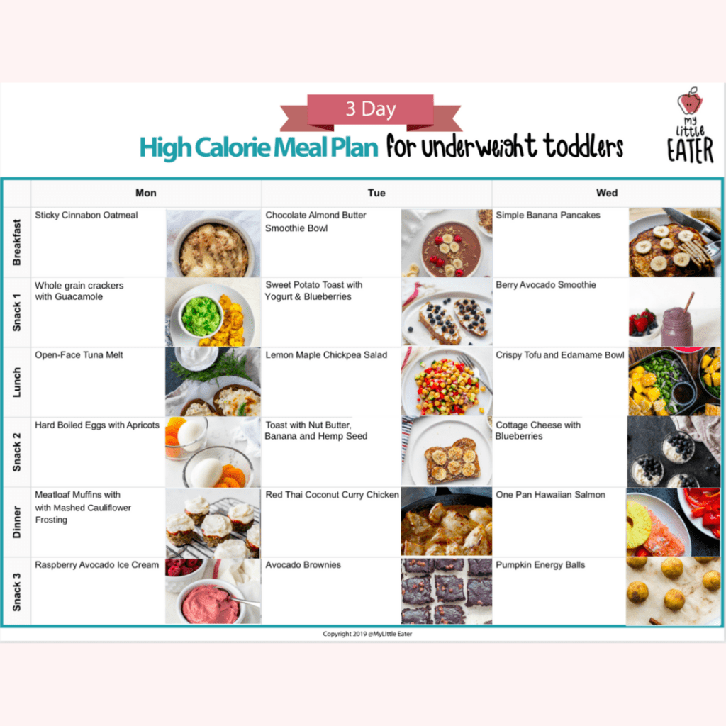 Main image for the article [High Calorie Foods To Help Your Underweight Toddler]. Pictured is an overview of a 3 day, high calorie meal plan for toddlers.