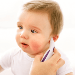 Main image for the article [Food, Nutrition & Your Sick Baby/Toddler]. Pictured is a toddler getting their temperature checked with a thermometer.