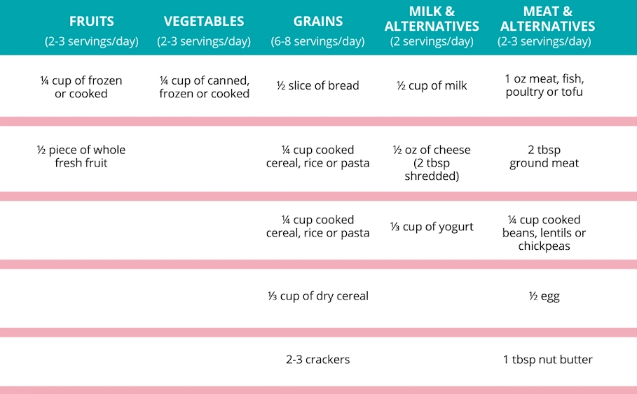 official portion sizes for baby:  fruits, vegetables, whole  grains, milk & alternatives, meat & alternatives 