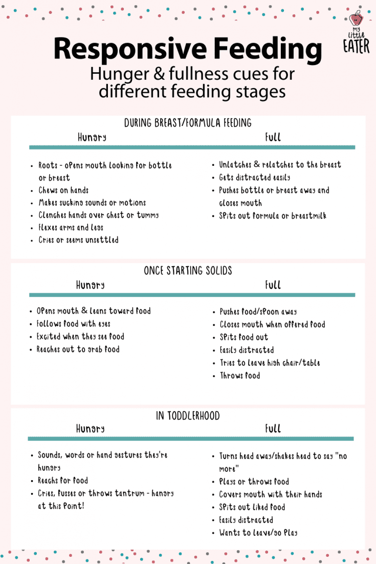 table describing the hunger and fullness cues for infants, babies on solids, and toddlers