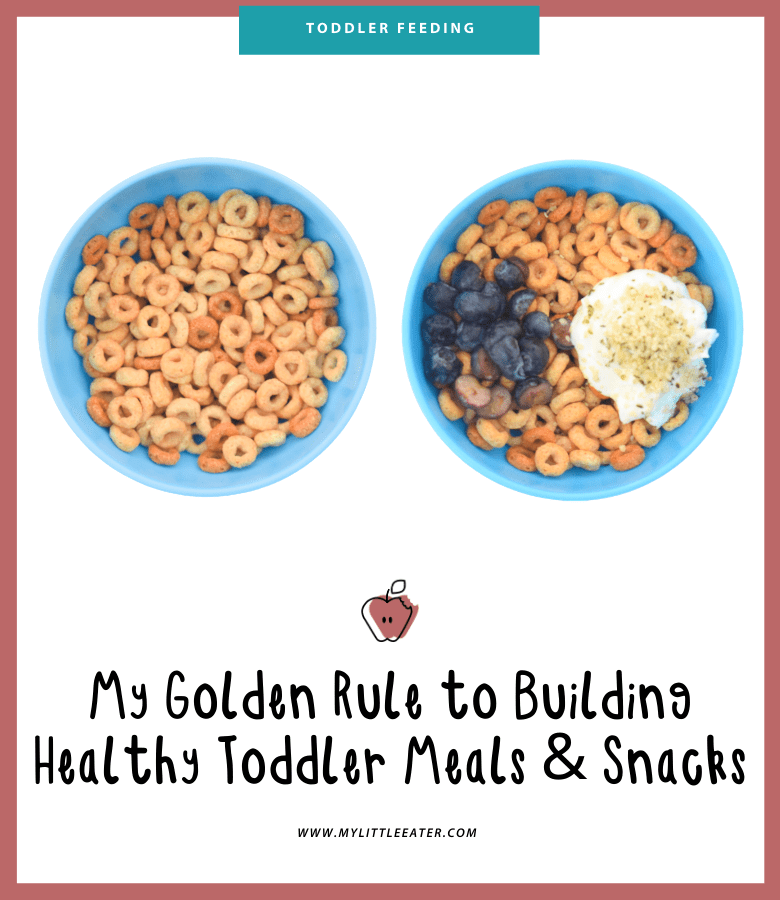 two blue bowls, one has cheerios inside, one has cheerios, blueberries, and yogurt, they are pictured side by side with the title beneath