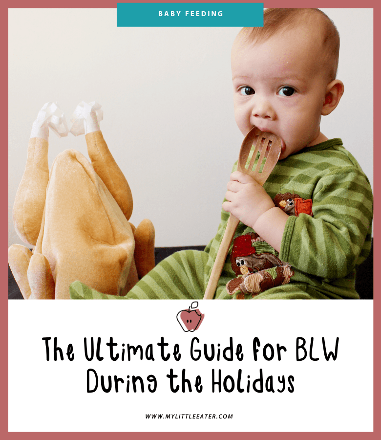 The top half of the image has an infant sitting up in green pajamas, chewing on a wooden spoon, to the right, and a stuffed turkey toy sitting beside the baby, to the left. Beneath it is My Little Eater's logo and the title of the article. The image has a maroon border.