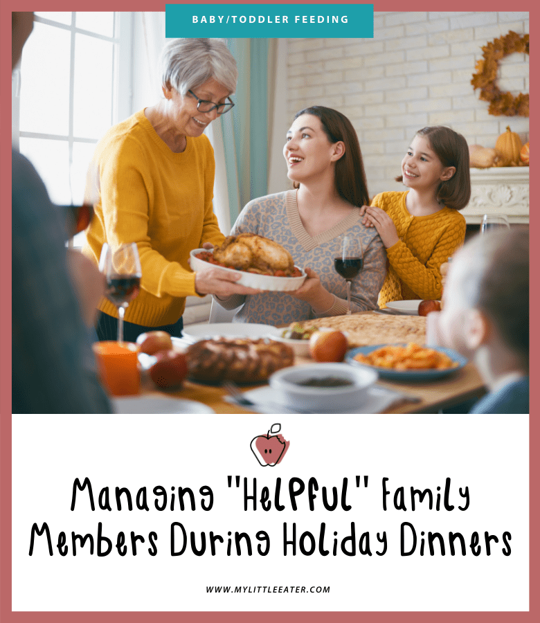 Upper half of the image shows three generations of women, a grandma, mother, and daughter, gathered around a dinner table topped with a traditional Thanksgiving dinner. Bottom half shows the My Little Eater logo and the article's title. The image has a maroon border on the outside.