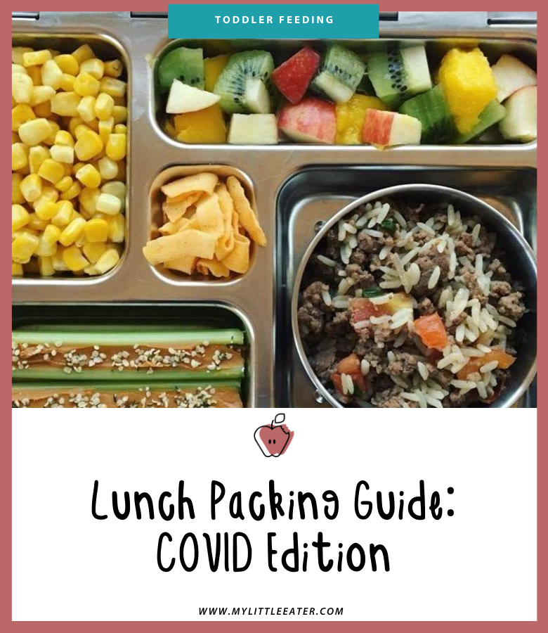 top half shows a lunch packed in a bento style box, including corn kernals, fruit salad, celery sticks with peanut butter, and rice with meat, below it is the title