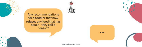 Image has navy, aqua, and maroon shapes and dots on the outer edges, with the My Little Eater logo in the middle at the top. Two yellow text images are on either side of the logo beneath it. One contains a question, the other 3 dots, as if waiting for a reply.