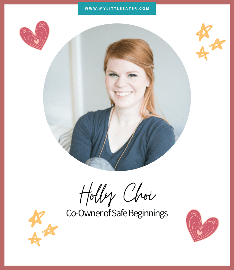 The image has a maroon border, in the middle is a circular frame with a headshot of the interviewee, Holly Choi. Her name and title are beneath her photo. The photo has two groups of stars, and two hearts, surround it in the four corners of the image.