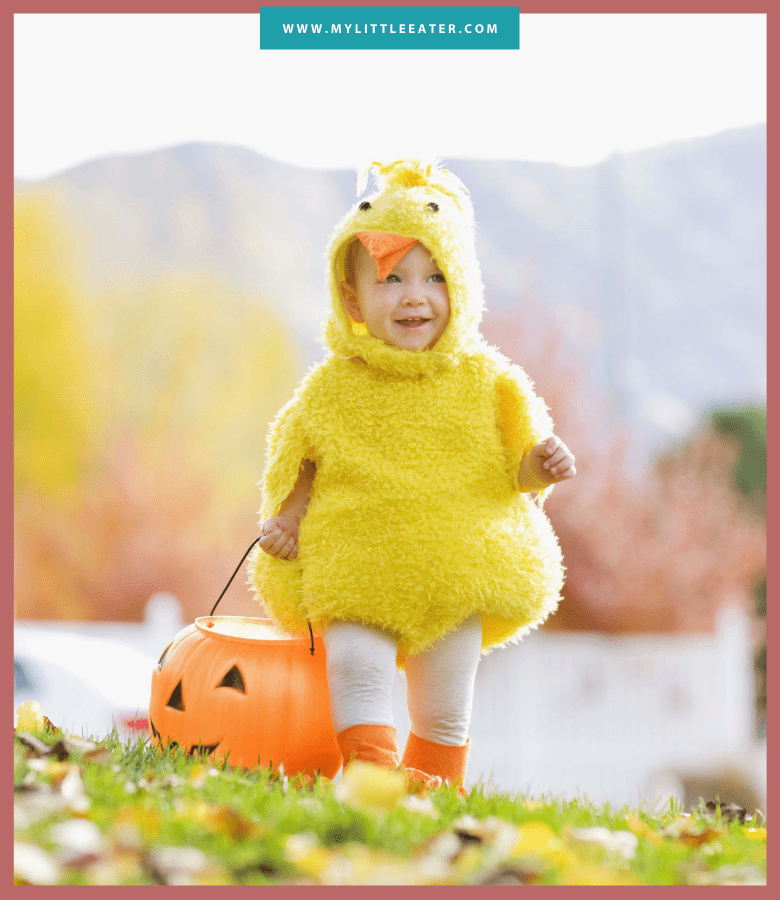 The image has a maroon border, and an aqua bar at the top in the middle with the website URL. The image is of a toddler dressed up as a baby chick, carrying an orange pumpkin bucket. The background is outdoors in the fall with trees of various colours and leaves fallen on the ground.