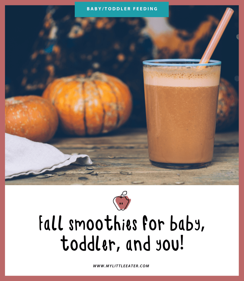 The top half of the image shows a brown smoothie in a clear glass with an orange straw sticking out of it. To the left of the glass are two orange pumpkins and a beige napkin, all sitting on a wood table. The bottom half of the image has the My Little Eater logo and the title of the article. The image has a maroon border.