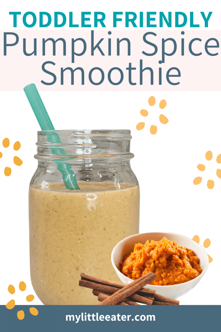 The words "Toddler Friendly" appear in aqua at the very top, with "Pumpkin Spice Smoothie" below it in navy, on a pale pink background. Below that an orange smoothie is shown in a clear mason jar with a green straw, and cinnamon sticks and a bowl of pumpkin puree sit at the base of the jar, to the right.