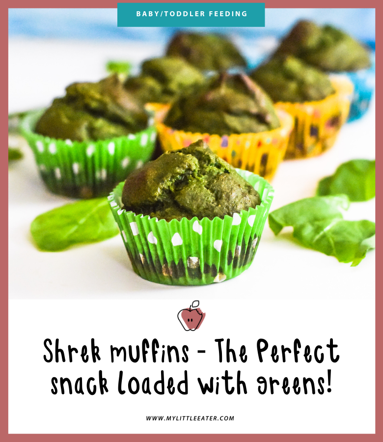 Pictured in the top half of the image are green muffins, the colour of spinach, with various colours of paper wrapping on them. Below that is the My Little Eater logo and the title of the article. The image has a maroon border.