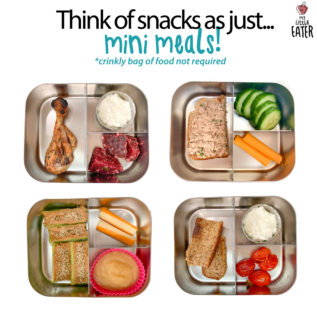 Pictured are 4 images of lunch boxes with various foods in them, including chicken, beets, yogurt, cucumber, celery, applesauce, cheese, and toast. The title is at the top: "Think of snacks as just mini meals!" with the My Little Eater logo in the top, right corner.