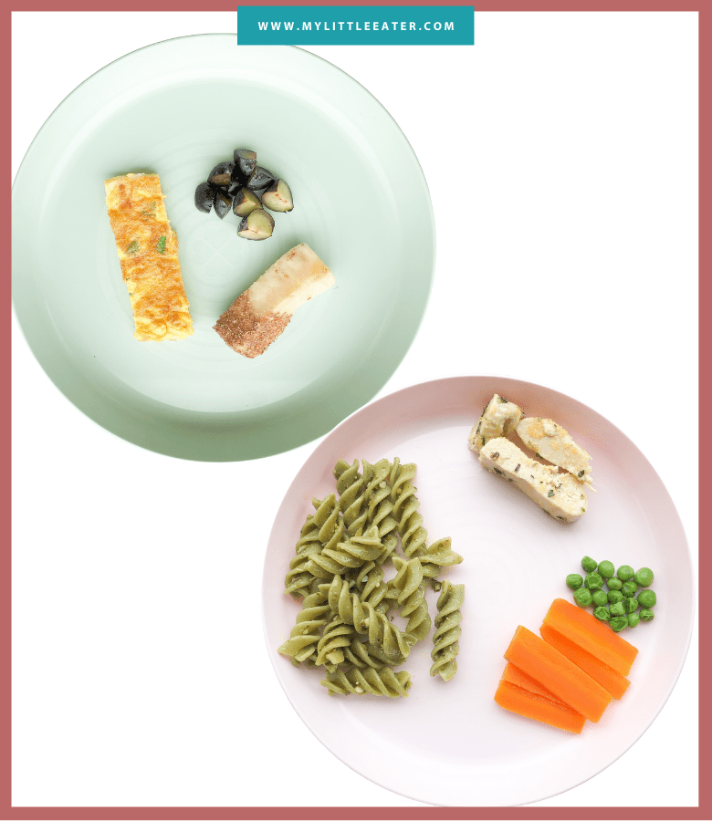 Episode art for "#34: Easy Hacks to Meal Plan for Your Baby". Pictured are two plates with different meals on them.