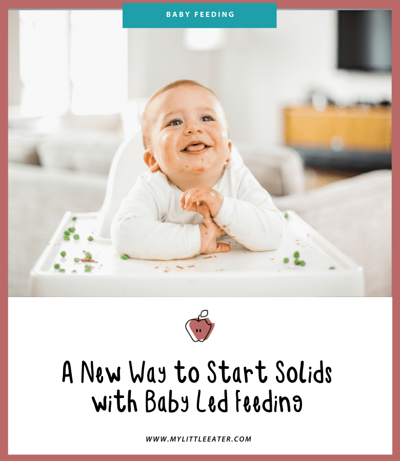 Main image for the article: "A new way to start solids with Baby Led Feeding". Pictured is a happy baby, sitting in their highchair, with peas scattered on their tray.
