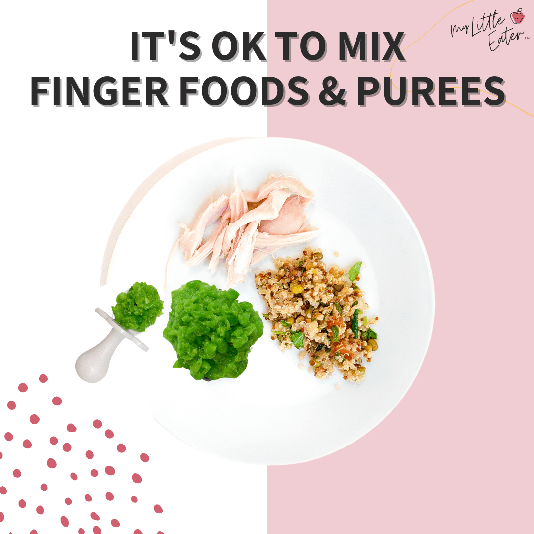 Pictured is an Instagram image that reads "It's okay to mix finger foods and purees". The graphic includes a plate with shredded chicken, quinoa and mixed veggies and pureed broccoli on a spoon.