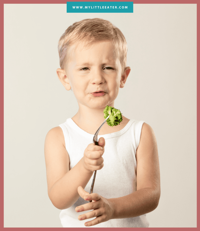 Episode art for episode: "#37: Preventing picky eating vs. reversing it". Pictured is a toddler holding broccoli on a fork with a disgusted look on their face.