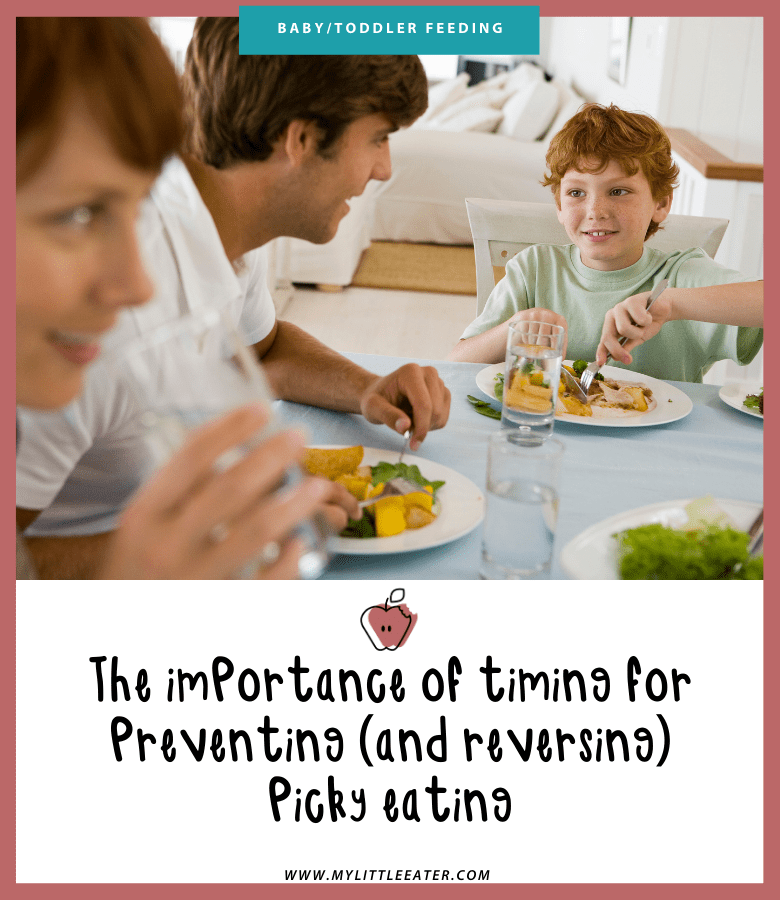 Main image for article "The importance of timing for preventing (and reversing) picky eating." Pictured is a family happily eating dinner together.