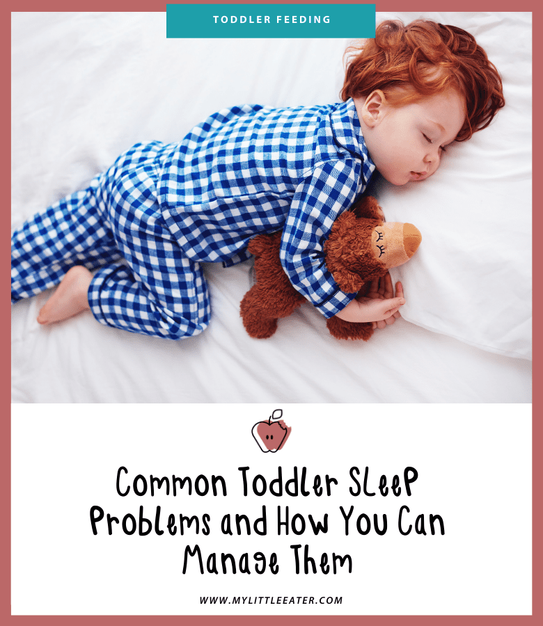 Main image for the article "Common Toddler Sleep Problems and How You Can Manage Them". Pictured is a sleeping toddler cuddling their teddy bear.