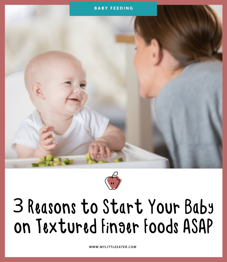 Main image for the article “3 Reasons to start your baby on textured finger foods ASAP.” Pictured is a mom sitting with her baby at the table. The baby is sitting in a highchair, and eating pieces of cucumbers.