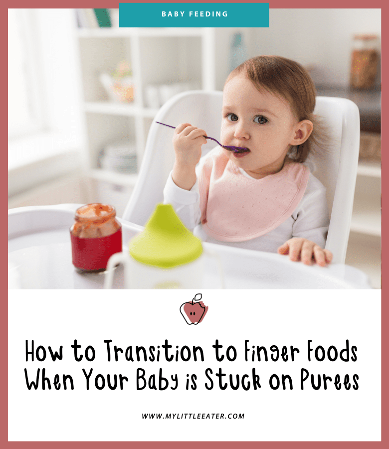 Main image for the article “How to Transition to Finger Foods When Your Baby is Stuck on Purees”. Pictured is a little girl sitting in her highchair, eating jarred puree baby food with a spoon.