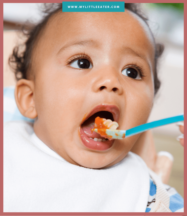 Episode art for episode: "#42: Why it's important to serve your baby different textures." Pictured is a baby being spoon-fed pasta.
