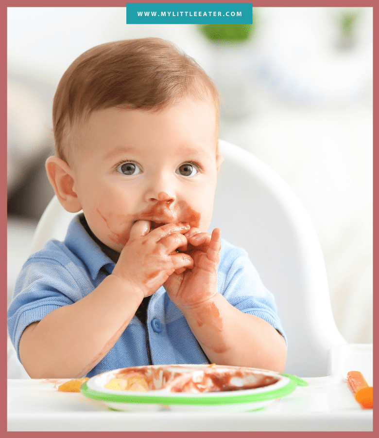 Episode art for episode "#40:Why your baby is stuck on purees and how to move on from them". Pictured is a baby sitting in a highchair, eating pureed baby food.
