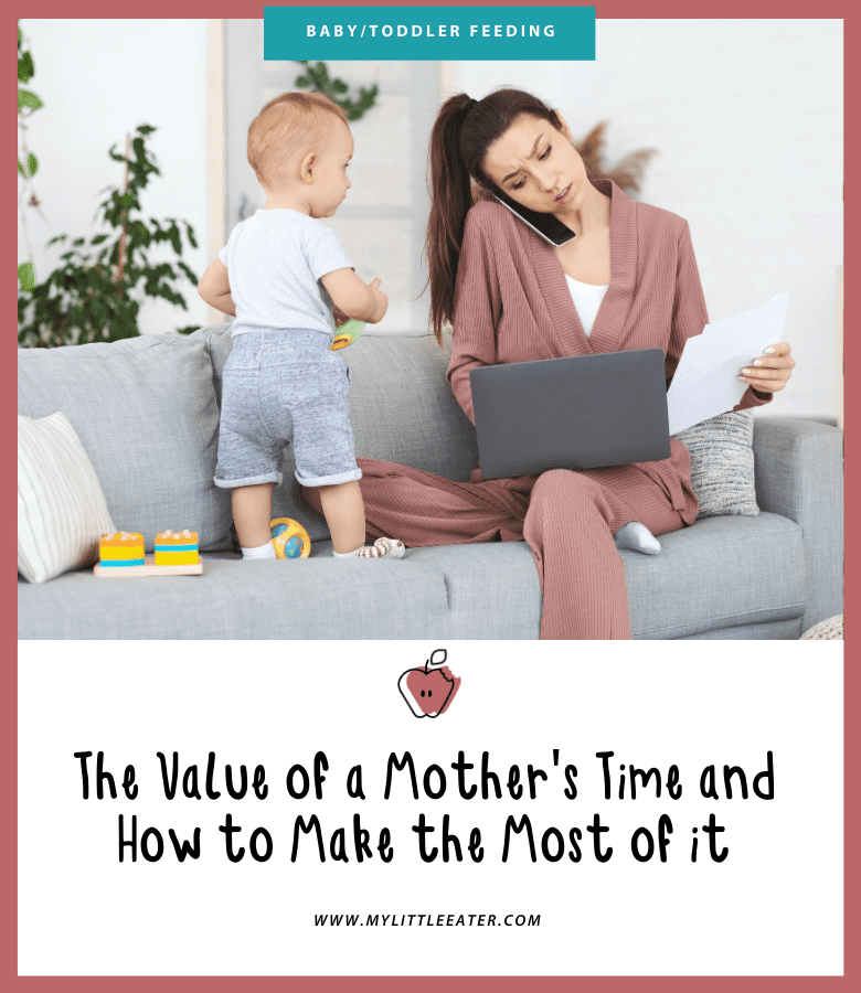 Main image for the article “The Value of a Mother’s Time and How to Make the Most of it”. Pictured is a mom sitting on the couch, doing computer work, talking on the phone, and playing with her toddler at the same time.