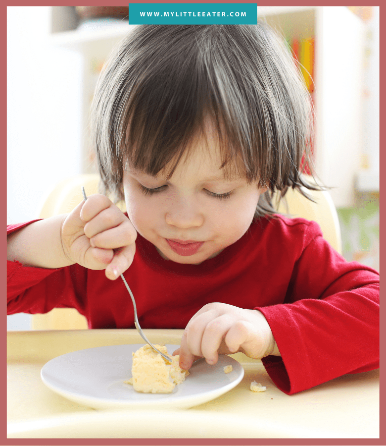 Episode art for episode "#47:Everything to know about eggs for your baby & toddler." Pictured is a toddler eating scrambled eggs.