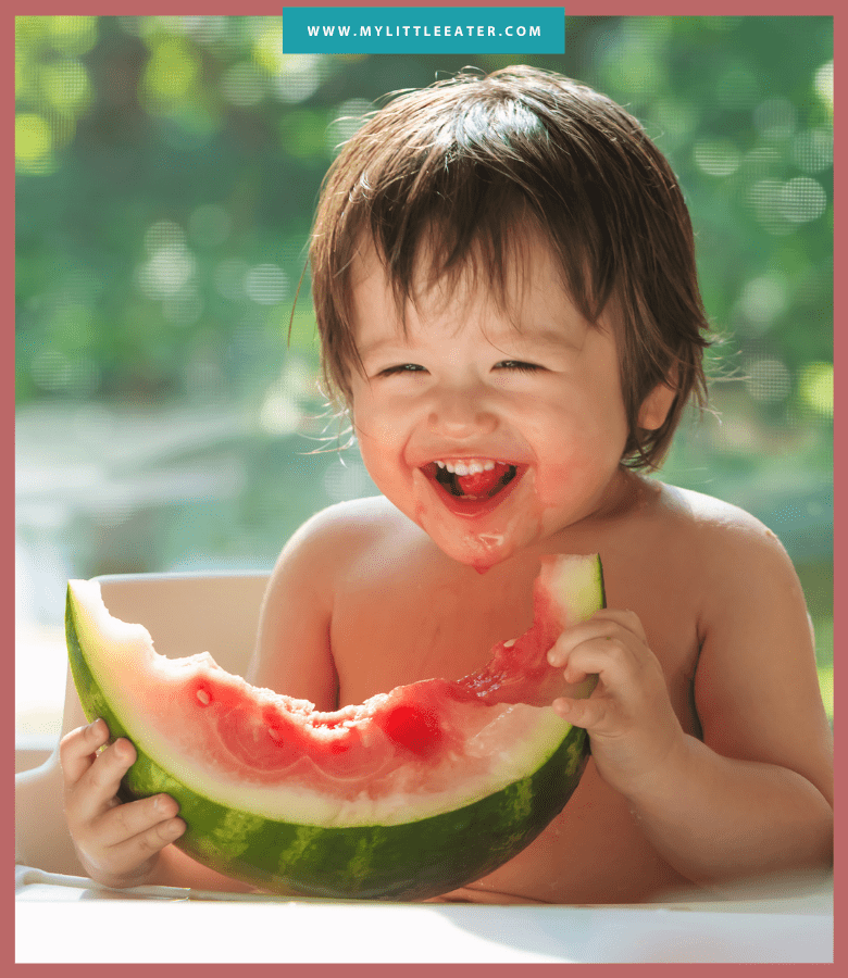 Episode art for episode "#48: Is it ever ok to limit food for your baby/toddler?". Pictured is a smiling toddler eating a large piece of watermelon.