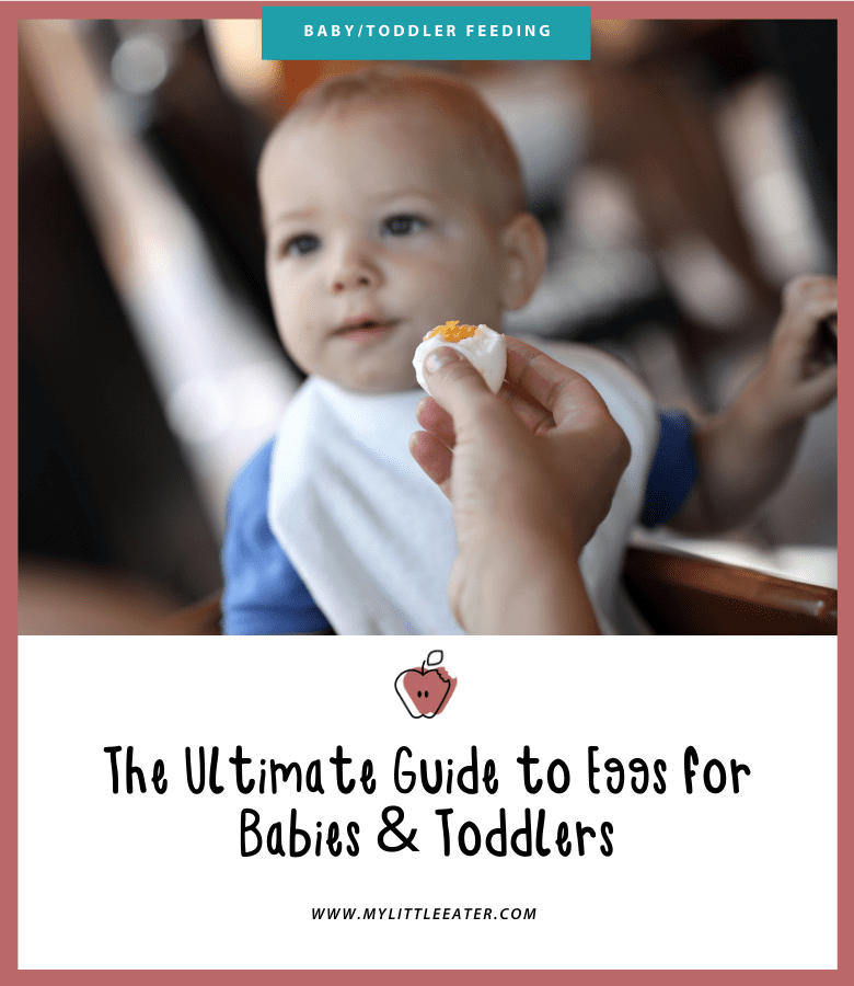 Featured image for the article: "The Ultimate Guide to Eggs for Babies & Toddlers." Pictured is a baby being offered a hard boiled egg.