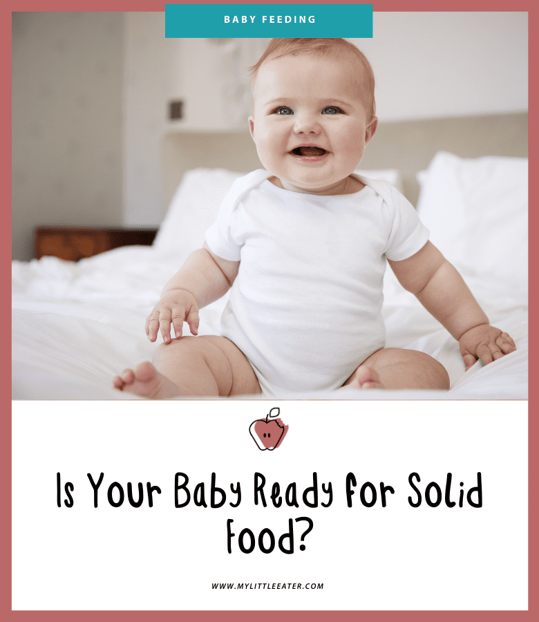 Featured image for article "Is Your Baby Ready for Solid Food?". Pictured is a baby sitting up on a bed.