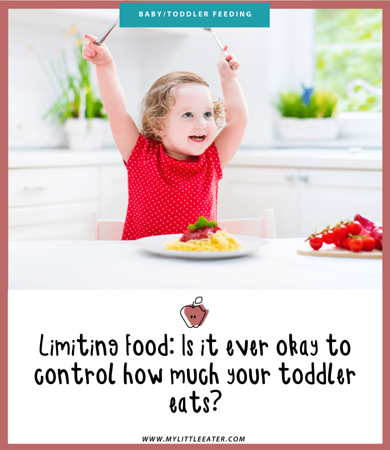 Featured image for article: "Limiting Food: Is it ever okay to control how much your toddler eats?". Pictured is a smiling toddler at a table with a plate of spaghetti in front of them.