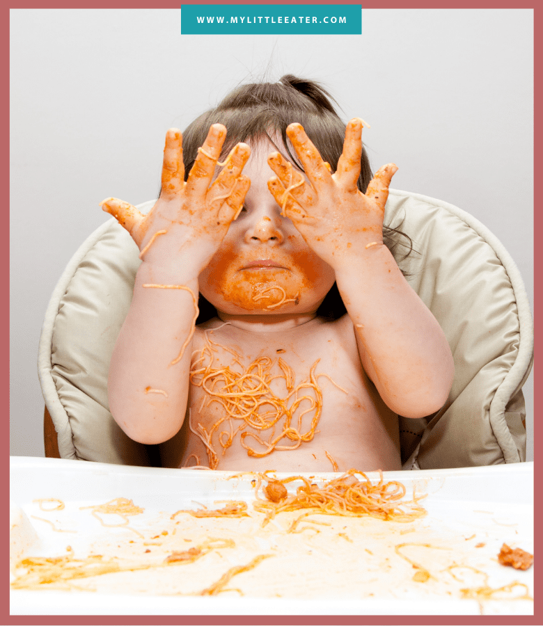 Episode art for "#44: Do You Really Need to Worry About Salt for Babies?". Pictured is a baby covering their eyes while eating pasta.