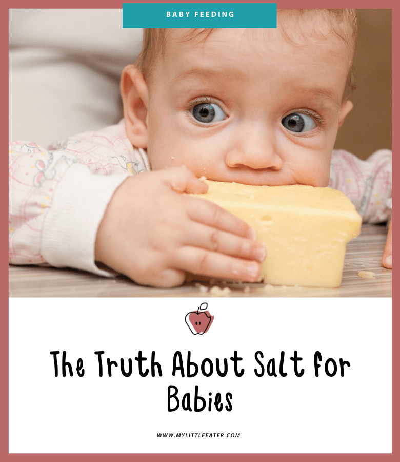 Featured image for the article "The Truth About Salt for Babies". Pictured is a baby chewing on a brick of cheese.