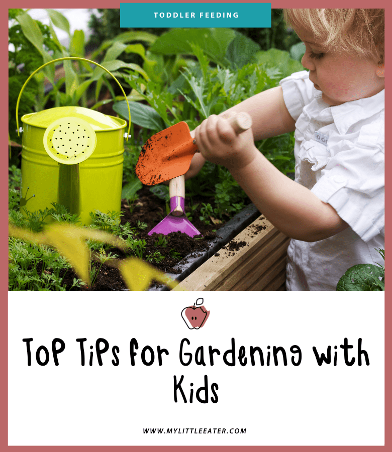 Featured image for the article: "Top Tips for Gardening with Kids." Pictured is a toddler helping in the garden.