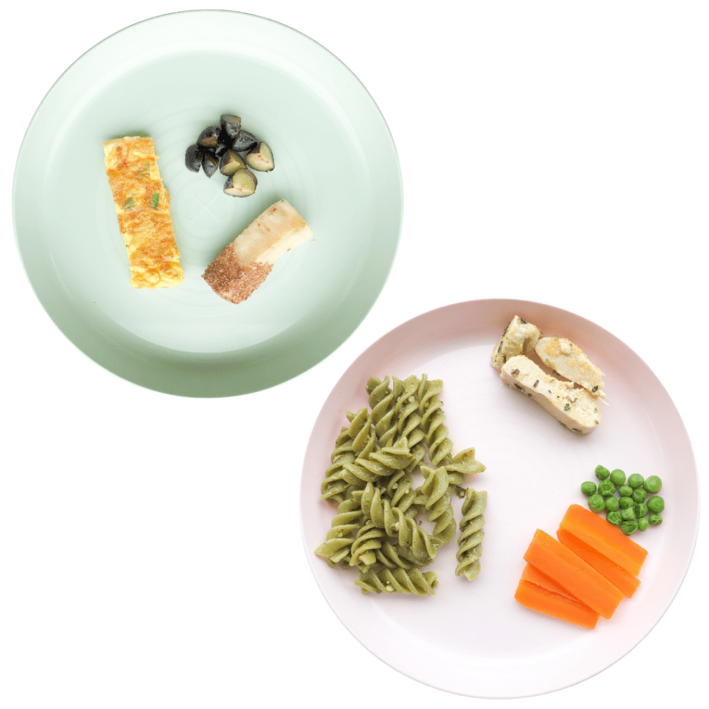 Episode art for "#34: Easy Hacks to Meal Plan for Your Baby". Pictured are two plates with different meals on them.