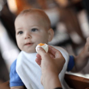 Featured image for the article: "The Ultimate Guide to Eggs for Babies & Toddlers." Pictured is a baby being offered a hard boiled egg.