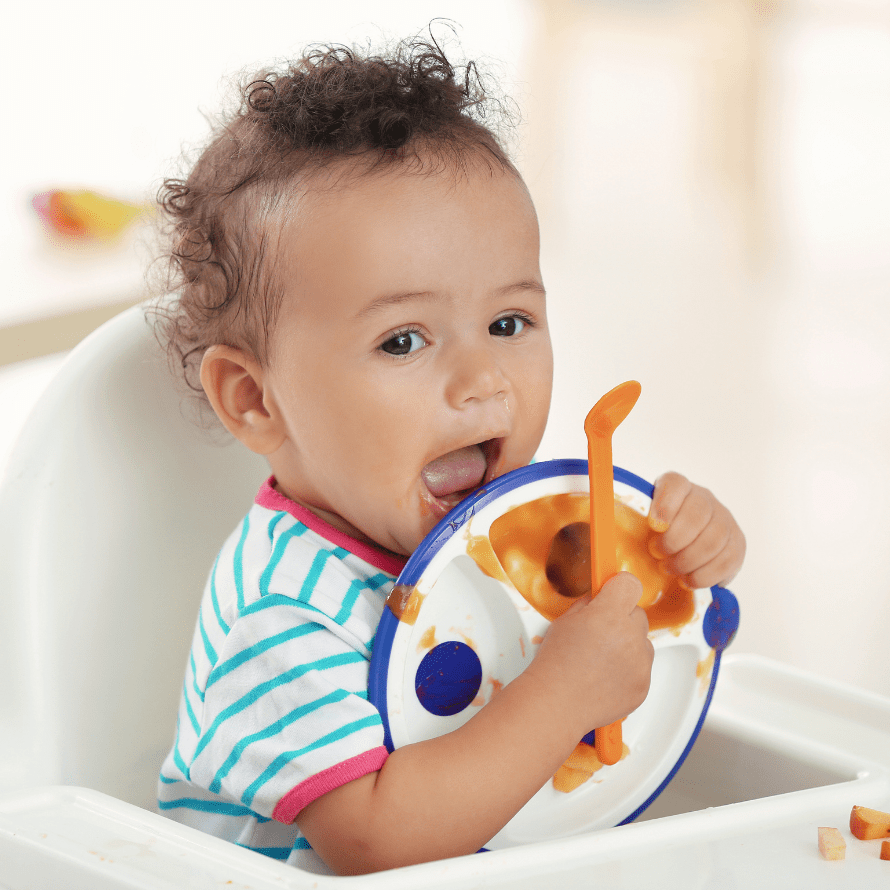 Episode art for episode: "#65: Plates for babies & toddlers: What age to use them, divided or not, and my favourite plate recommendations". Pictured is a baby holding their plate in their high chair.