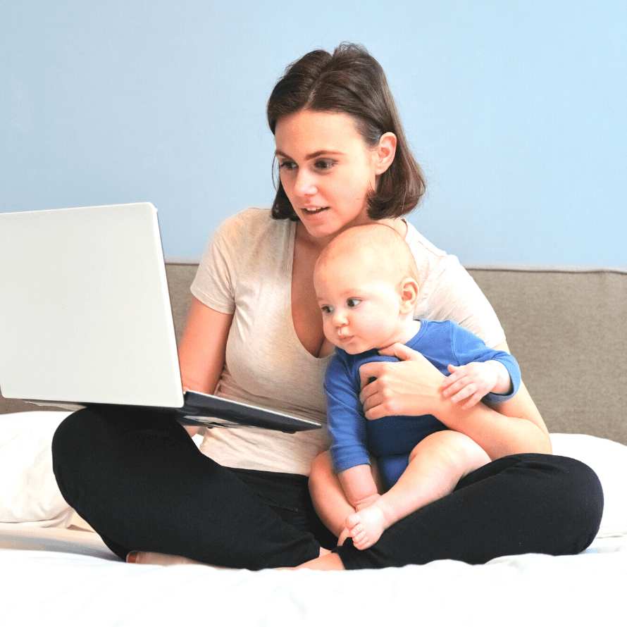 Episode art for episode: "#69: Overwhelmed and confused with feeding info? Find clarity, calm, and confidence with this major piece of advice!". Pictured is a mom holding her baby while working on her laptop.