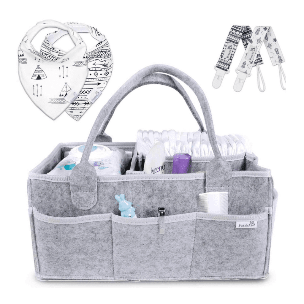 Grey diaper caddy filled with baby products.