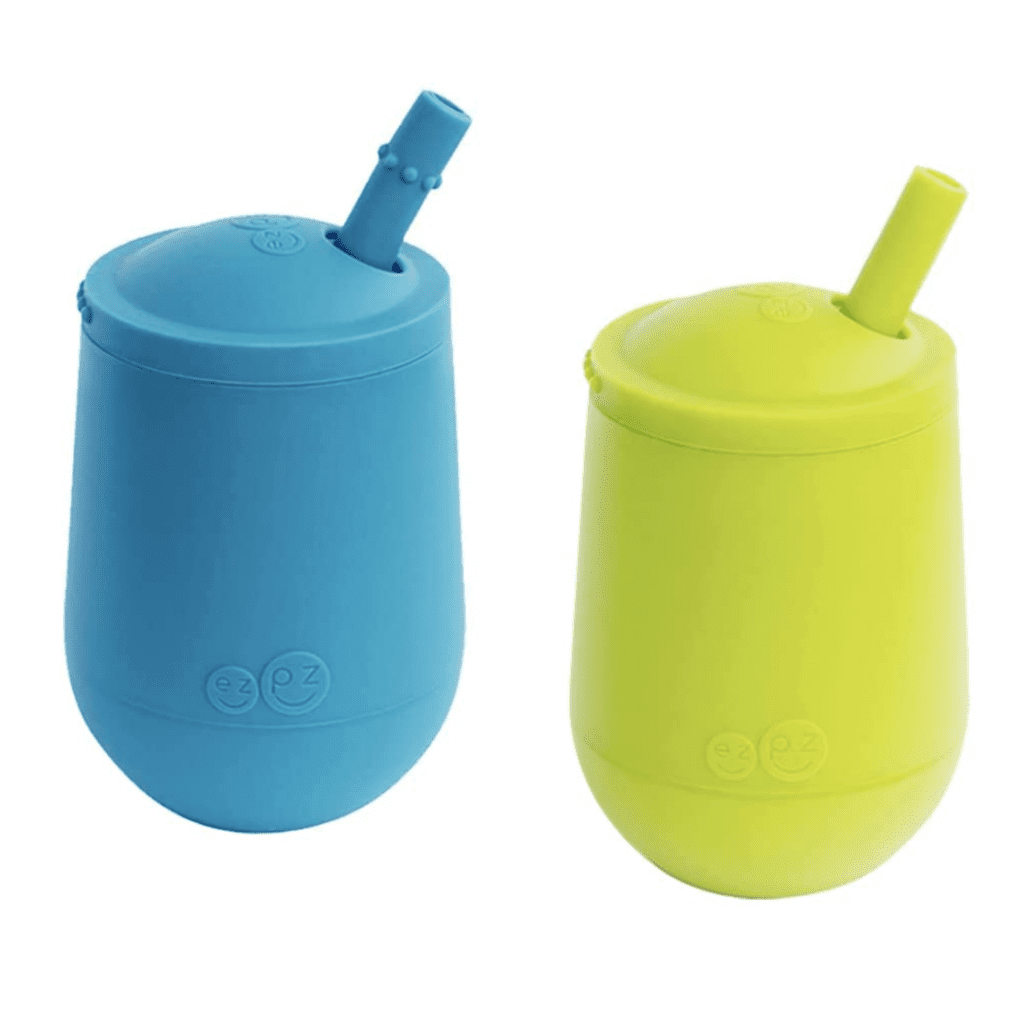 Two Ezpz straw cups, one blue and one green.