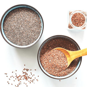 Bowls of flax seeds and chia seeds