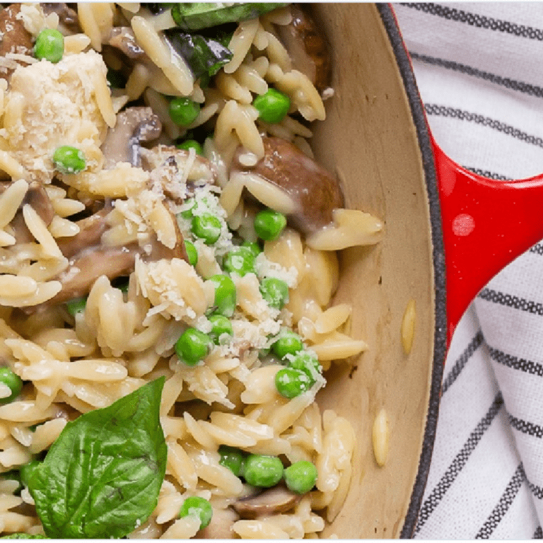 Healthy Toddler Creamy Mushroom Orzo with Peas & Chicken
