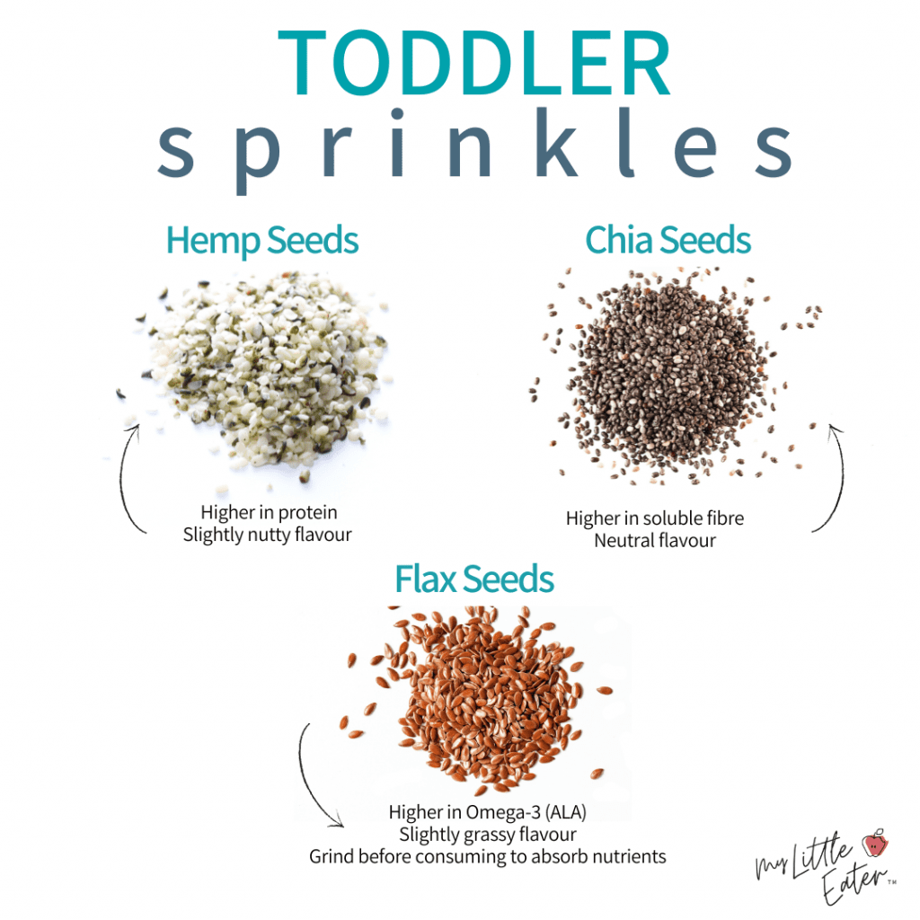 toddler sprinkles of chia, flax, and hemp seeds