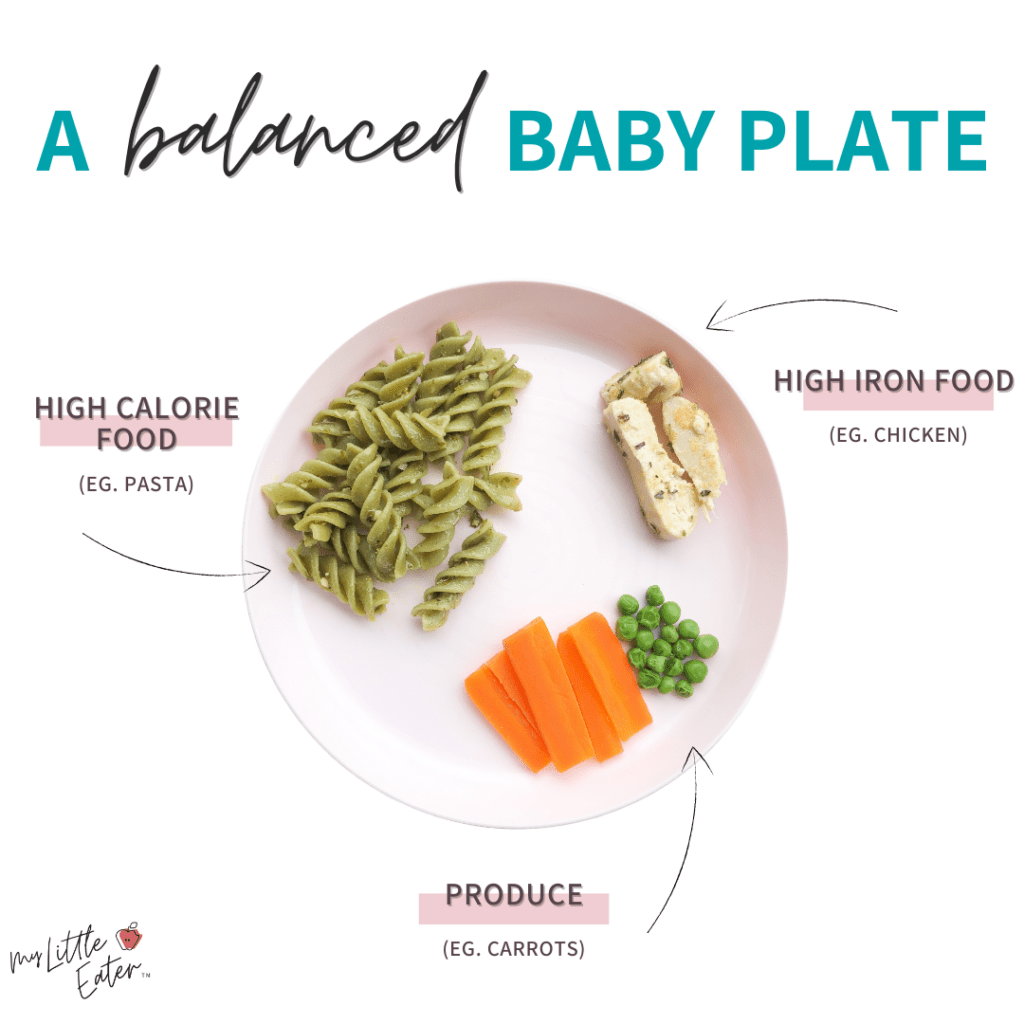 A balanced baby plate with a high calorie food (like pasta with olive oil as a healthy fat), high iron food (like meat) and produce (like carrots)
