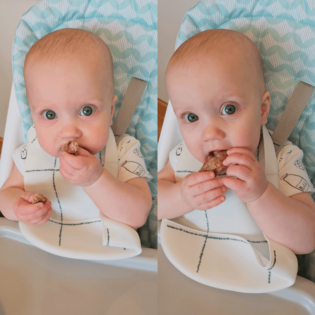 8-month old practicing baby led weaning with a strip of ground beef