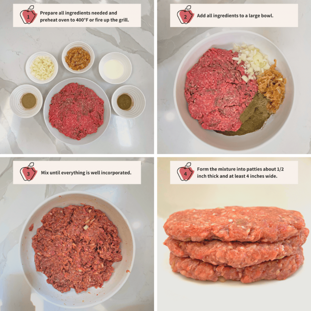 instructions for preparing apple sage baby burgers (steps one to four)