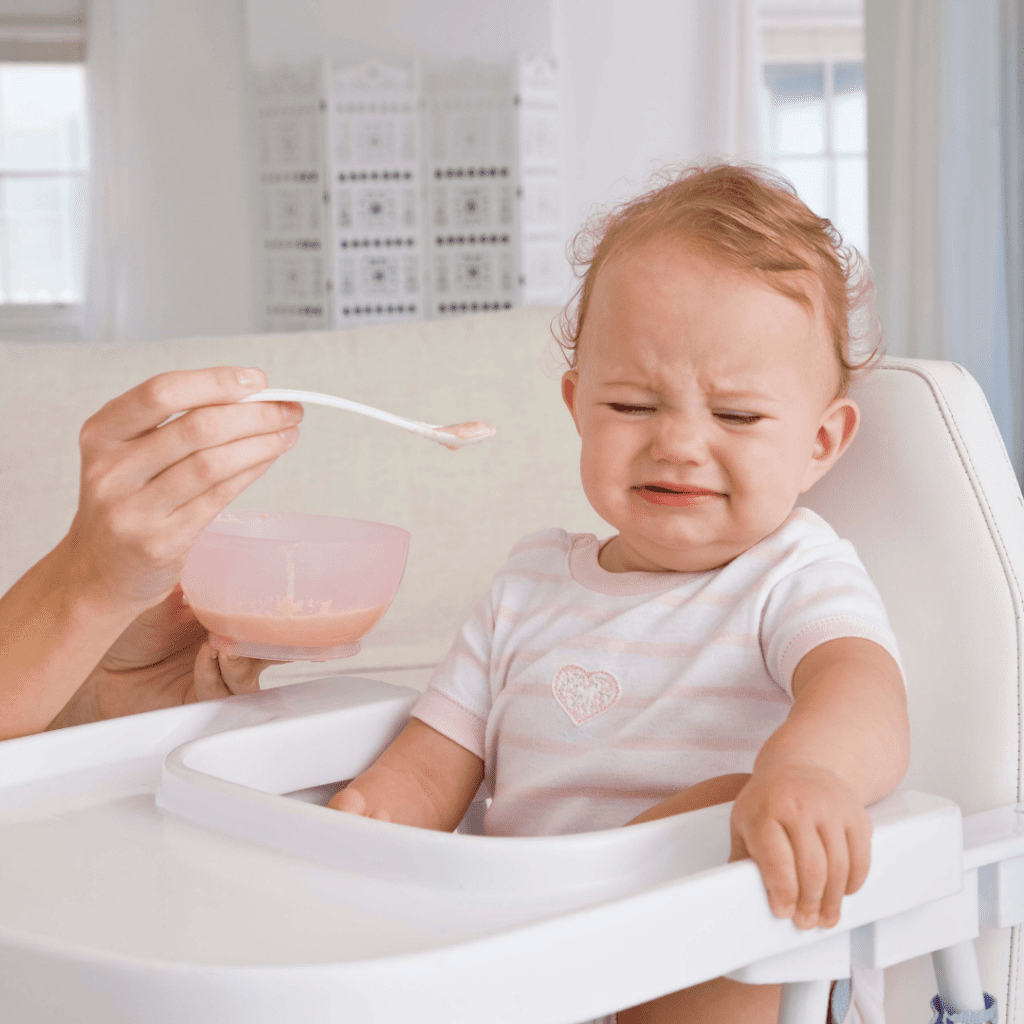 Side effects of introducing solids too early; infant showing signs of upset while being offered puree on spoon