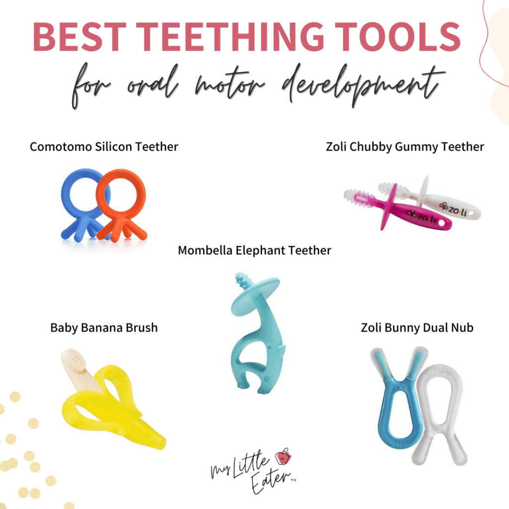 best teething tools for oral motor development; images of 5 different teethers shown